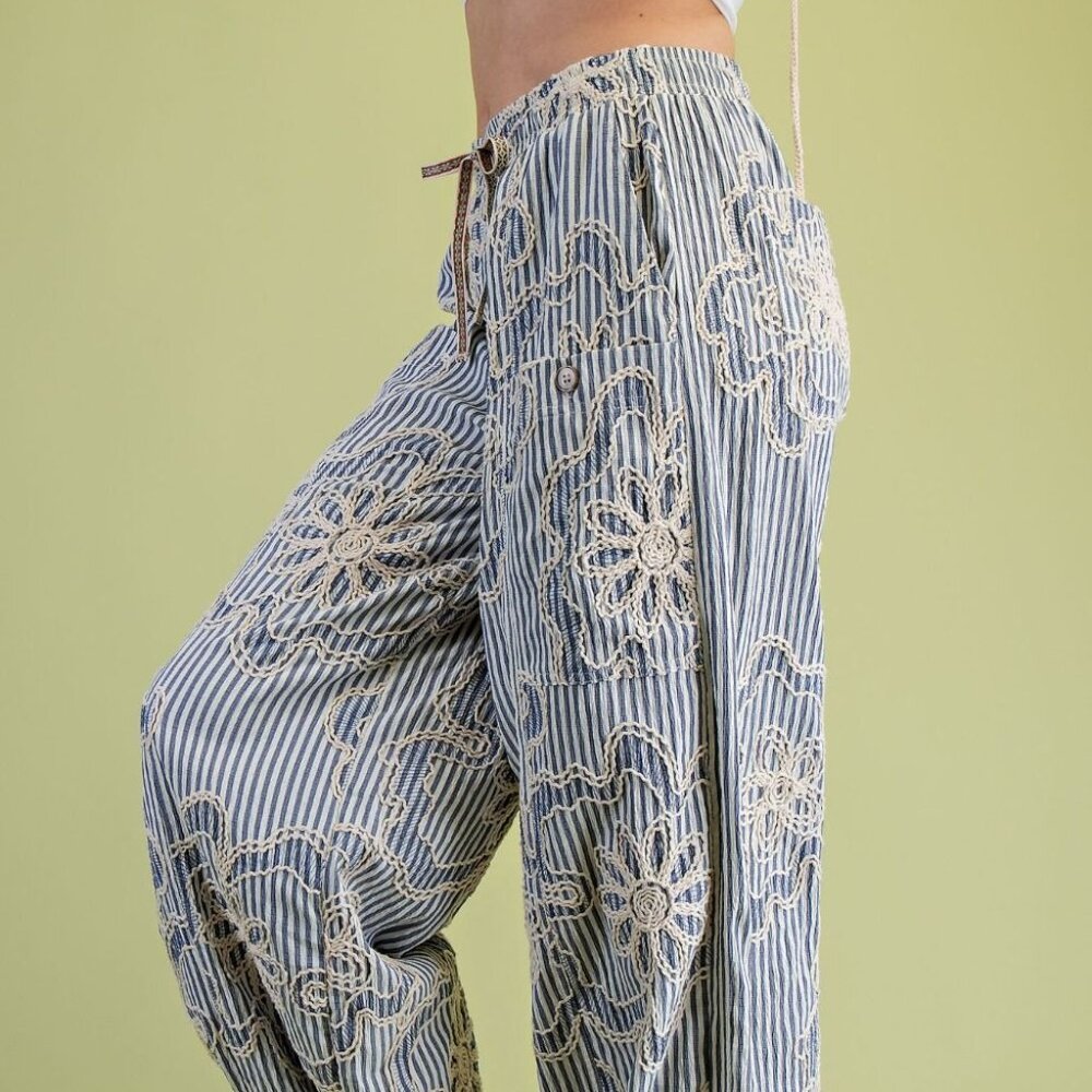 E20 EASEL EMBROIDERY STRIPED WOVEN PANTS IN DENIM BLUE - Picture 7 of 7